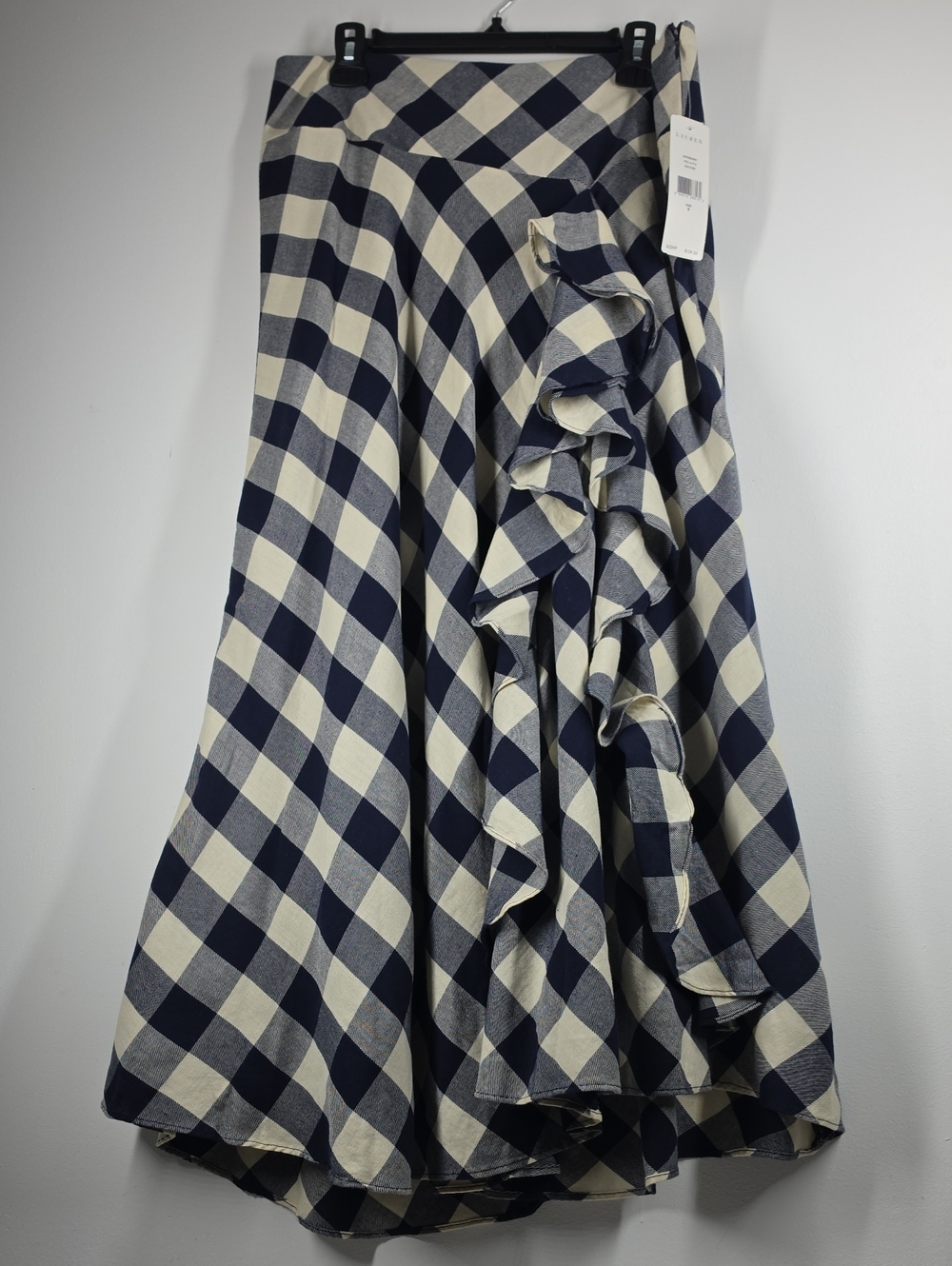 Lauren Ralph Lauren Navy Cream Plaid Ruffle Maxi Skirt Size 8 NWT - Picture 2 of 11